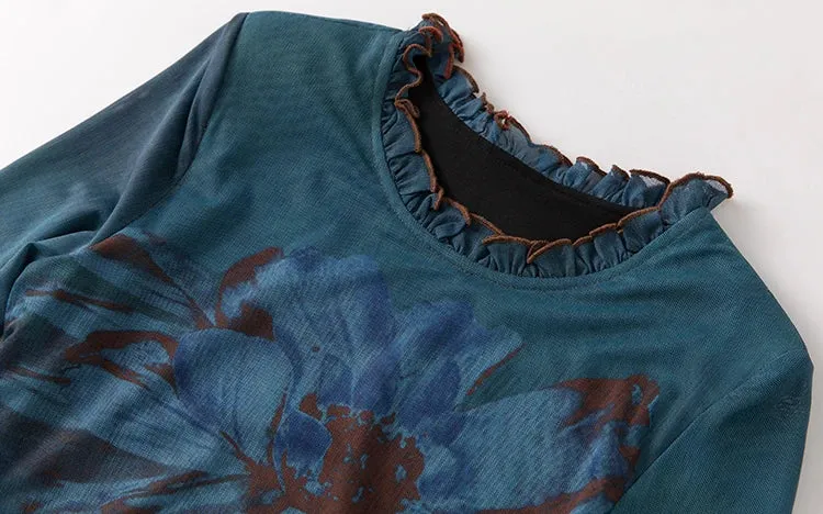 Ruth O-Neck Long Sleeves Ruffles Lace-up Floral Print Vintage Mesh Dress