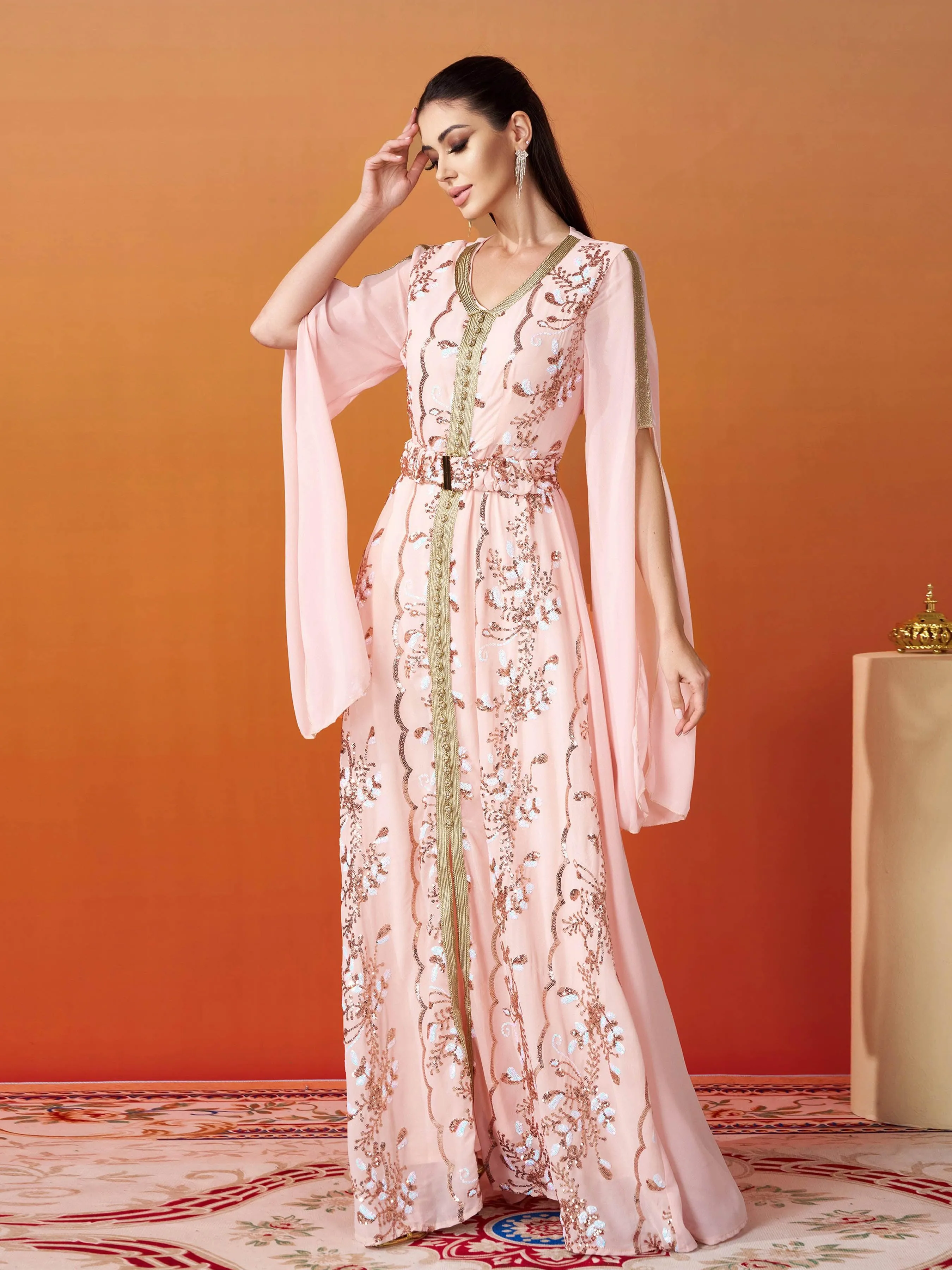 Sequin Floral A-line Pink Tulle Dress MES00413