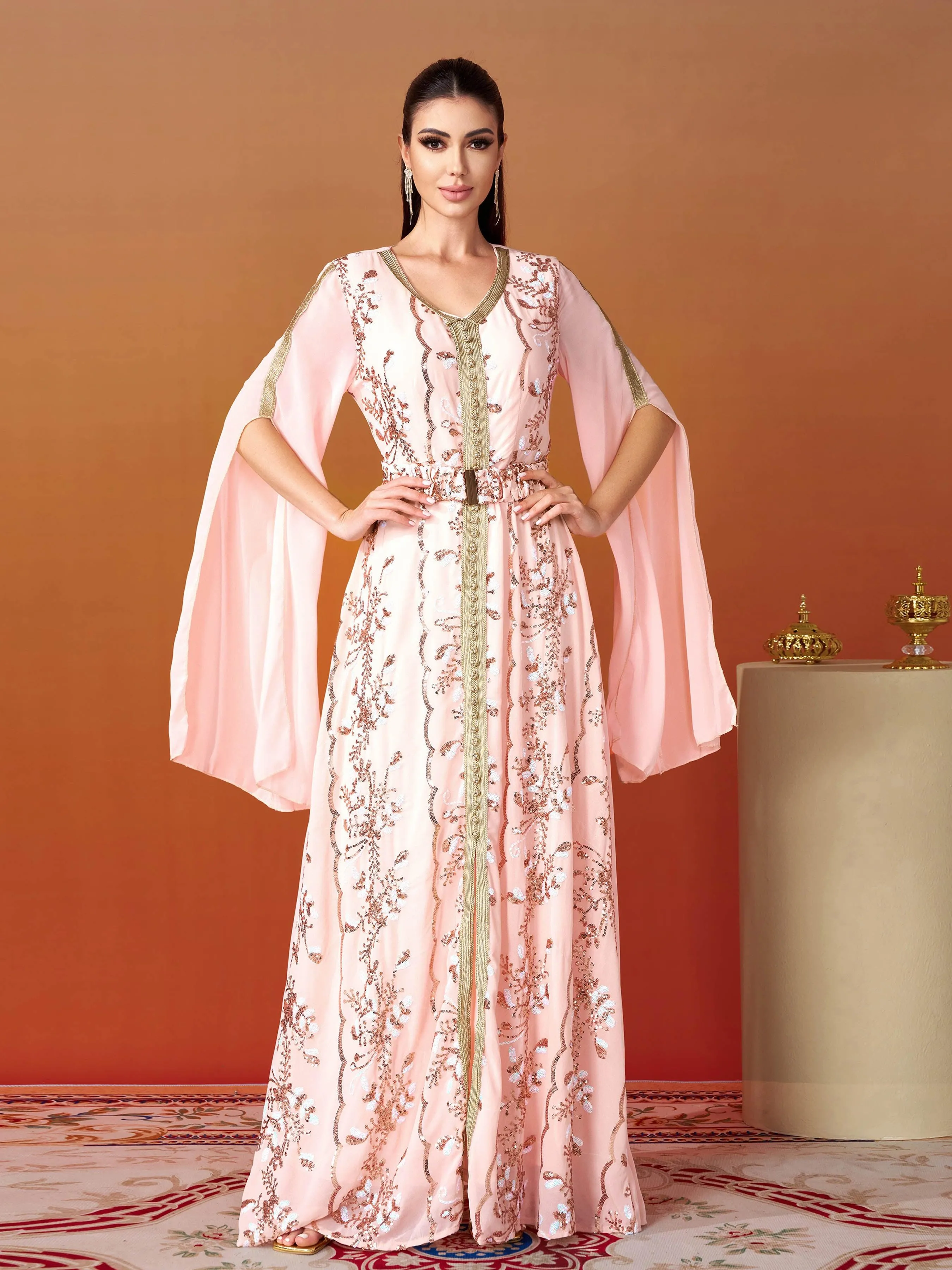 Sequin Floral A-line Pink Tulle Dress MES00413