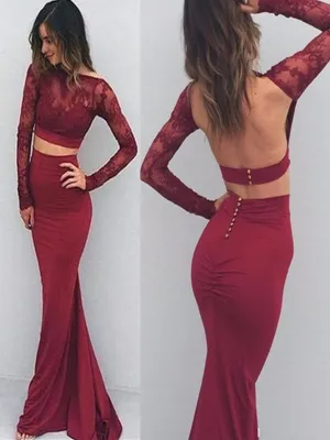 Sexy Long Sleeves Mermaid Lace Burgundy Backless Long Prom Dress With Long Sleeves, Backless Formal Dress, Burgundy Graduation Dress
