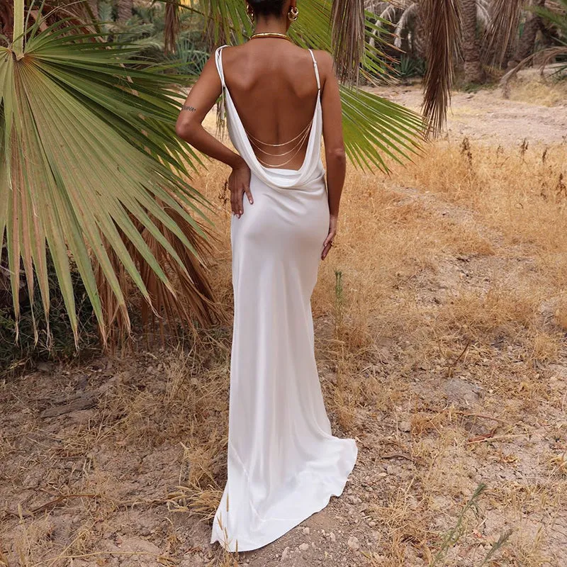 Sexy Spaghetti Strap Metal Zipper Back Open Satin Maxi Dress Long White Tunic Women Summer Clothes Elegant Party Dresses A1335