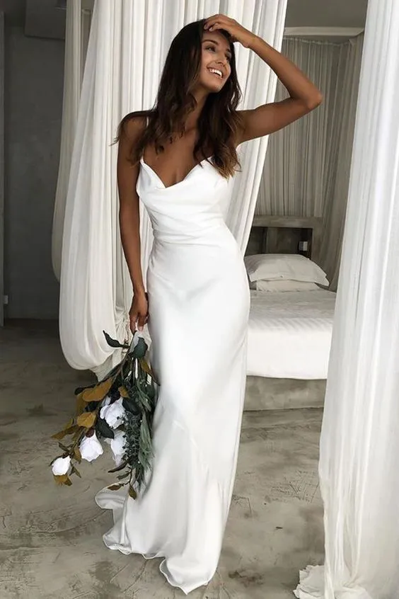 Sexy Spaghetti Strap Metal Zipper Back Open Satin Maxi Dress Long White Tunic Women Summer Clothes Elegant Party Dresses A1335