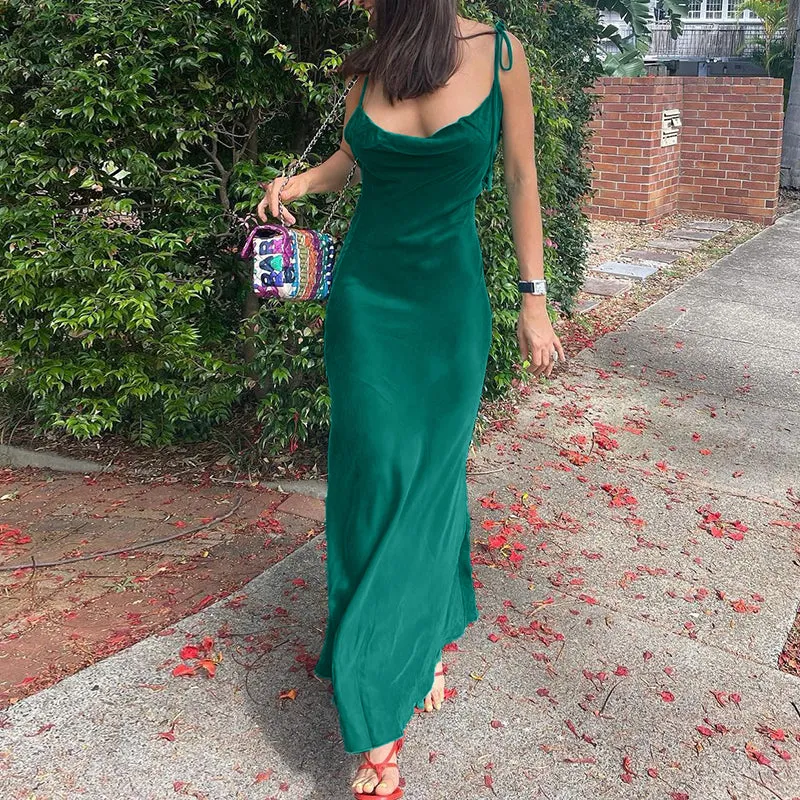 Sexy Spaghetti Strap Metal Zipper Back Open Satin Maxi Dress Long White Tunic Women Summer Clothes Elegant Party Dresses A1335