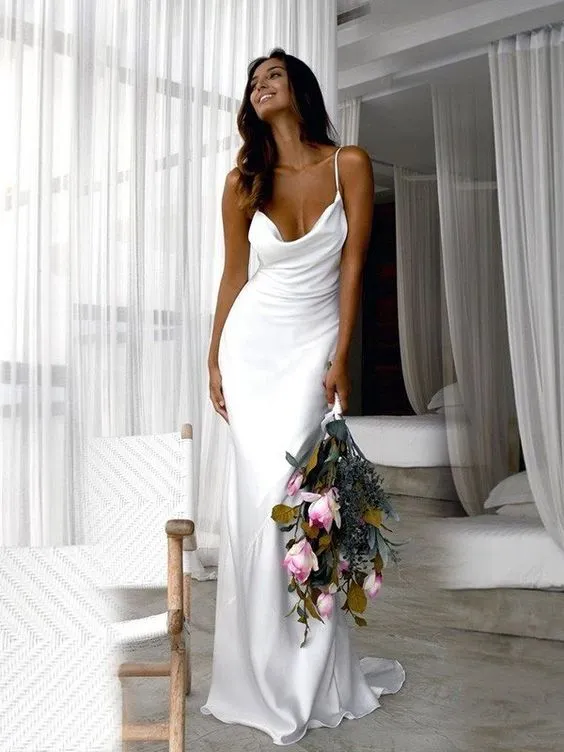 Sexy Spaghetti Strap Metal Zipper Back Open Satin Maxi Dress Long White Tunic Women Summer Clothes Elegant Party Dresses A1335