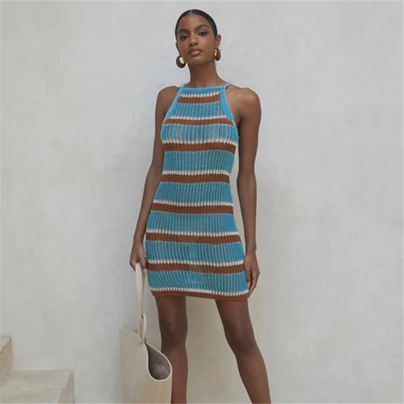 Sexy Striped Dress Blue Crochet Tunic Elegant Sleeveless Women Summer Dress Beach Wear Swim Suit Cover Up