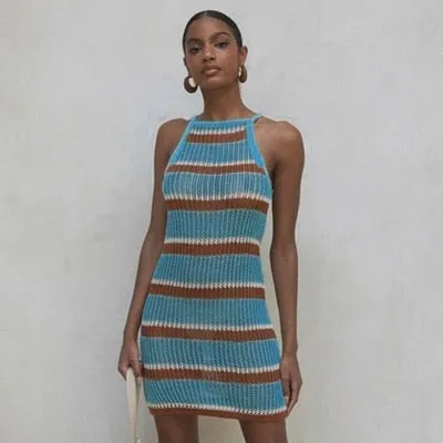 Sexy Striped Dress Blue Crochet Tunic Elegant Sleeveless Women Summer Dress Beach Wear Swim Suit Cover Up