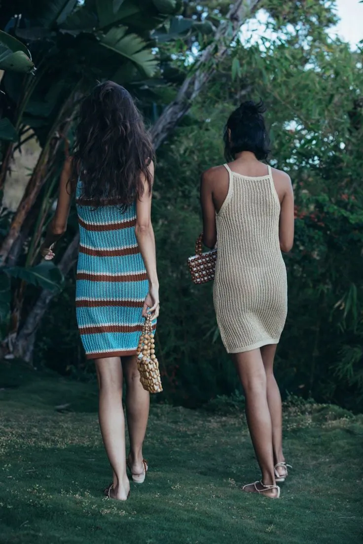 Sexy Striped Dress Blue Crochet Tunic Elegant Sleeveless Women Summer Dress Beach Wear Swim Suit Cover Up