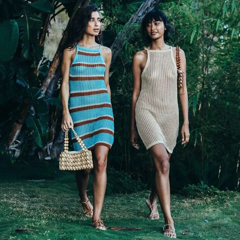 Sexy Striped Dress Blue Crochet Tunic Elegant Sleeveless Women Summer Dress Beach Wear Swim Suit Cover Up