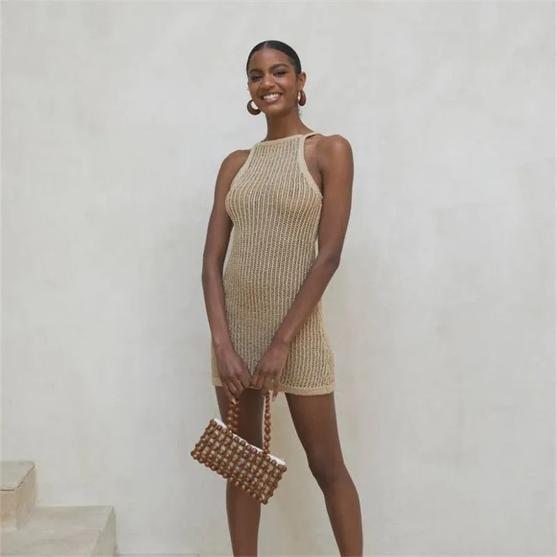 Sexy Striped Dress Blue Crochet Tunic Elegant Sleeveless Women Summer Dress Beach Wear Swim Suit Cover Up