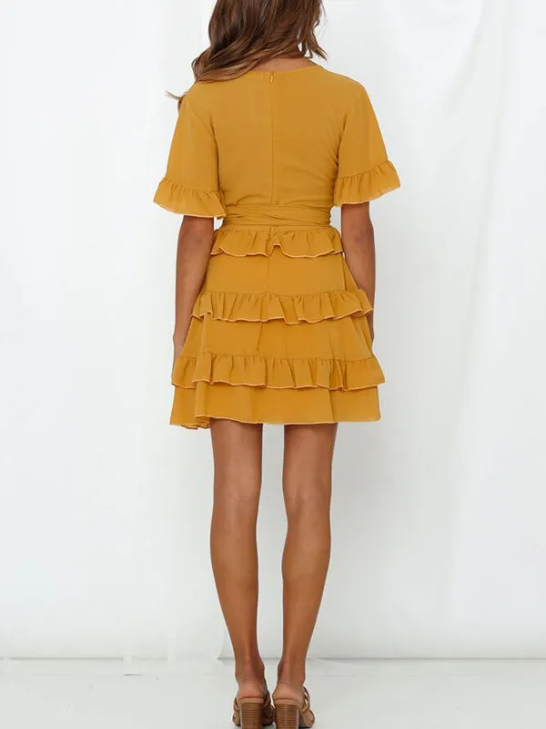 Sexy V-neck Ruffled Straps Solid Color Dress