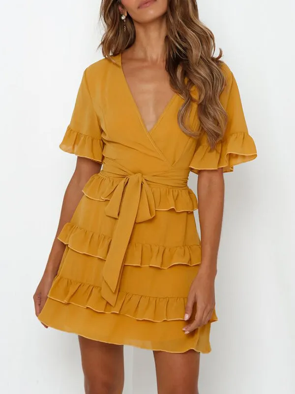 Sexy V-neck Ruffled Straps Solid Color Dress
