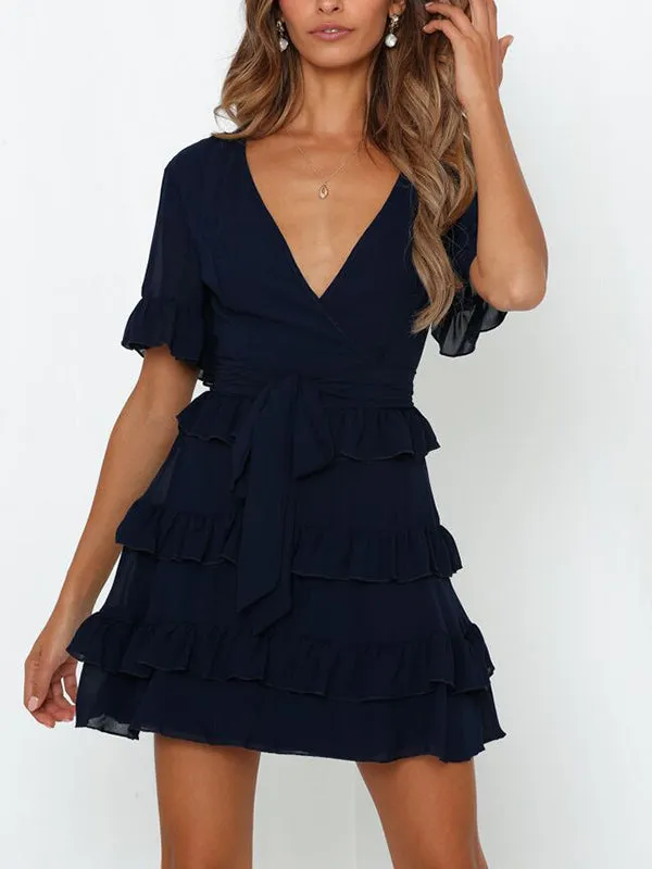Sexy V-neck Ruffled Straps Solid Color Dress