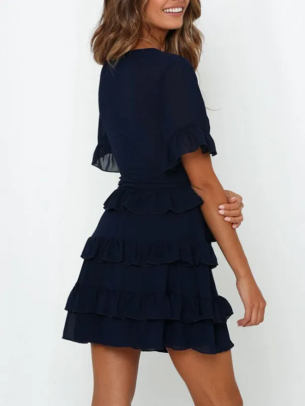 Sexy V-neck Ruffled Straps Solid Color Dress