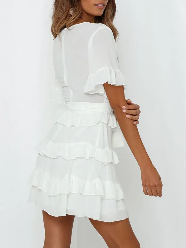 Sexy V-neck Ruffled Straps Solid Color Dress