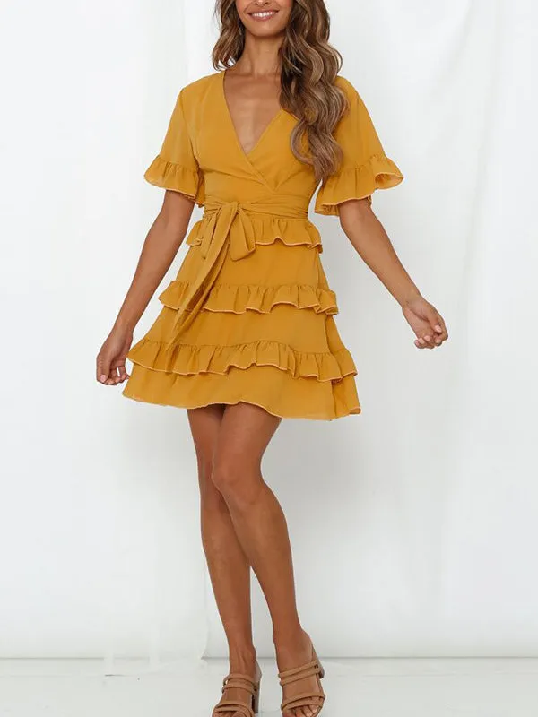 Sexy V-neck Ruffled Straps Solid Color Dress