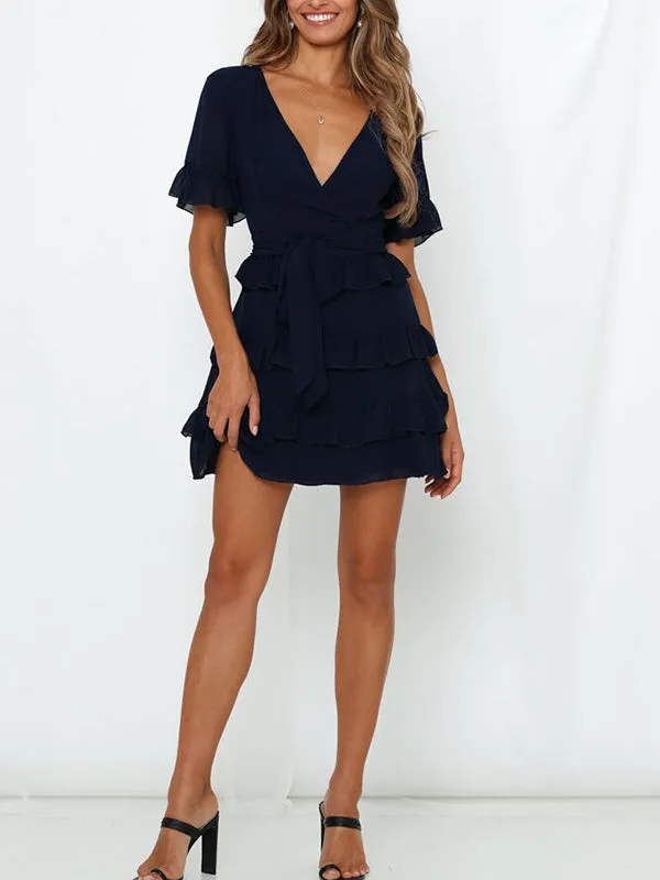 Sexy V-neck Ruffled Straps Solid Color Dress