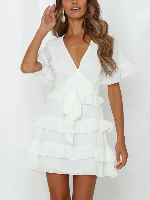 Sexy V-neck Ruffled Straps Solid Color Dress