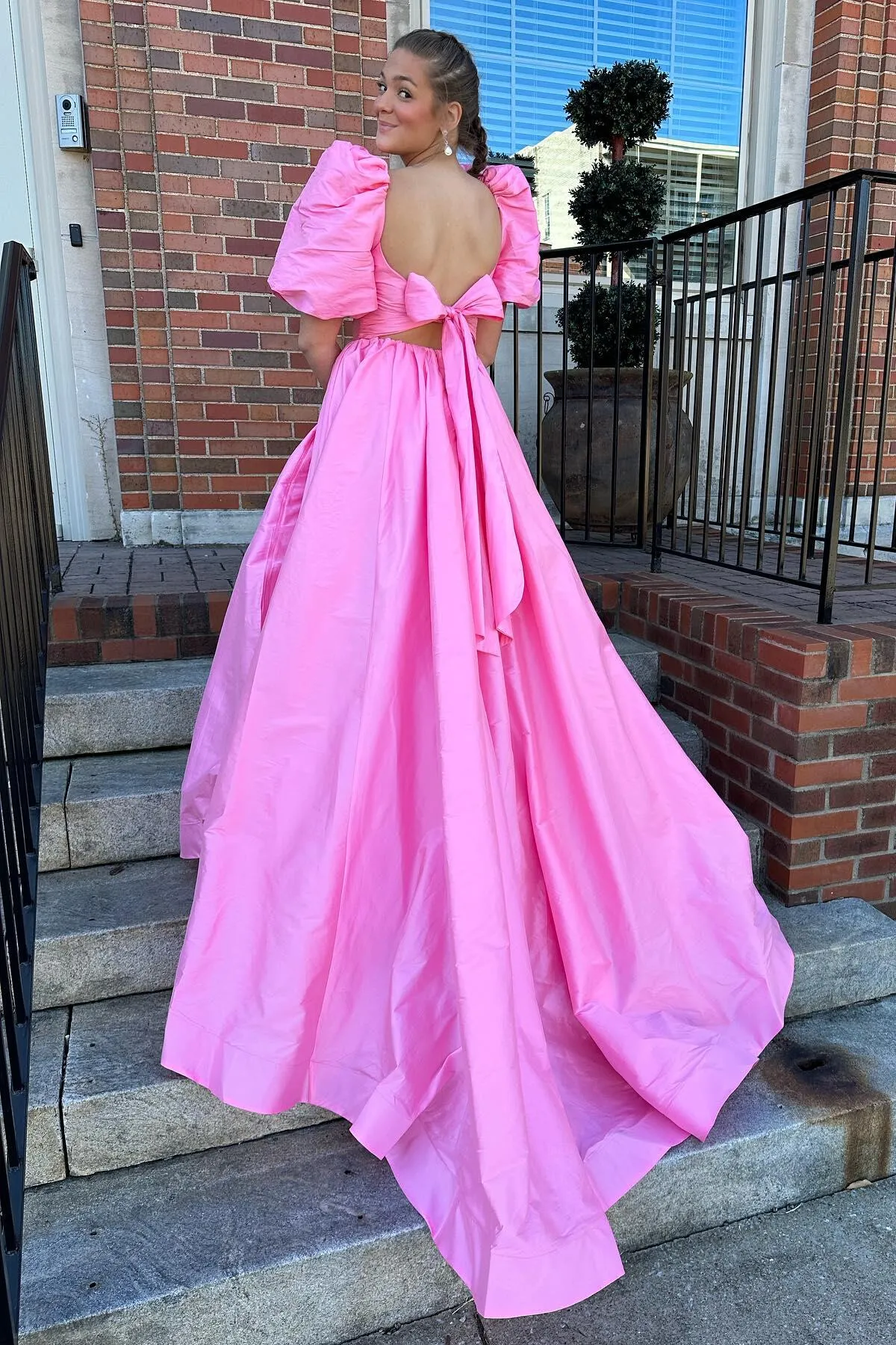 Short Puff Sleeves Pink A-line Princess Dress