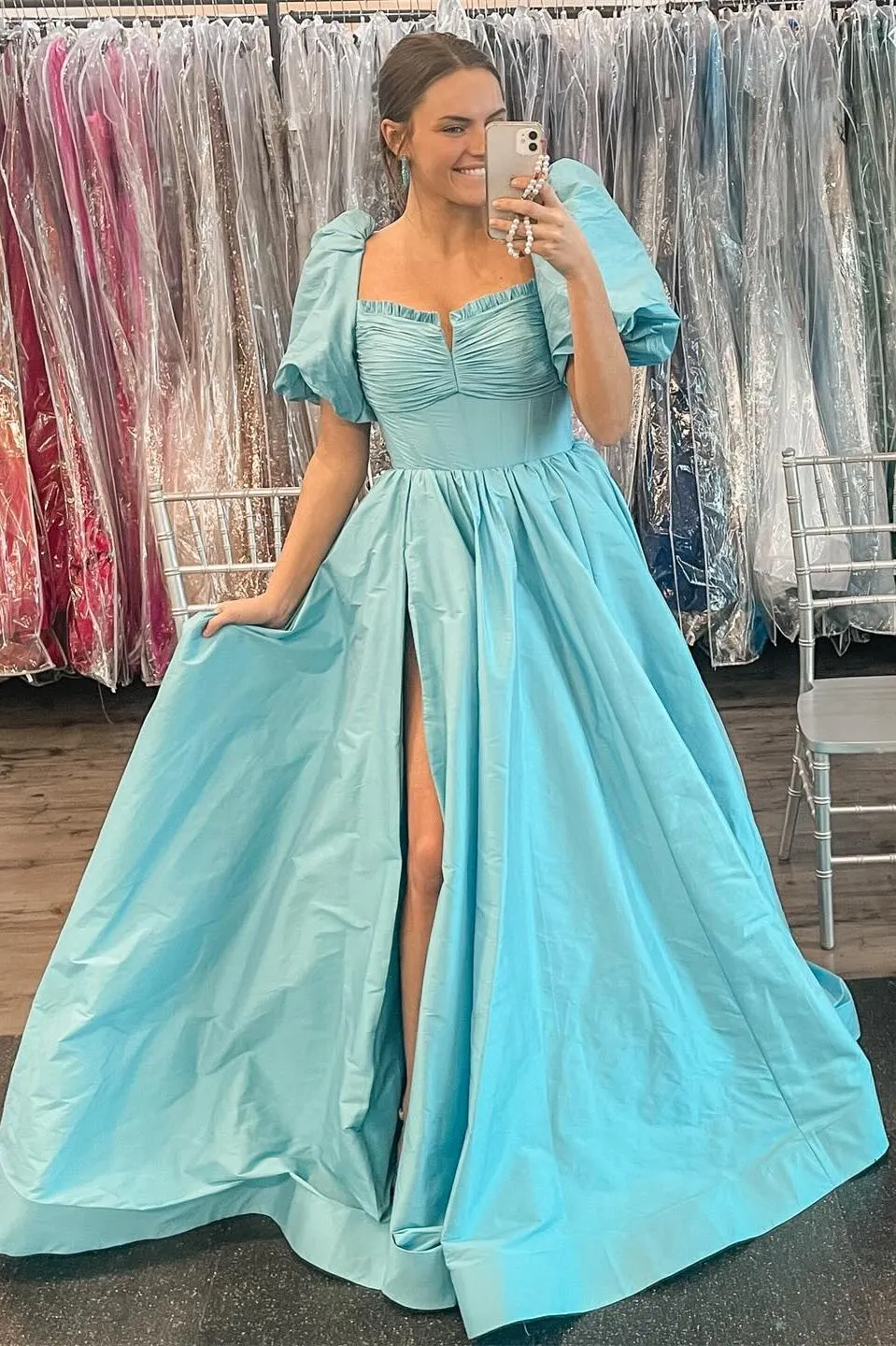 Short Puff Sleeves Pink A-line Princess Dress
