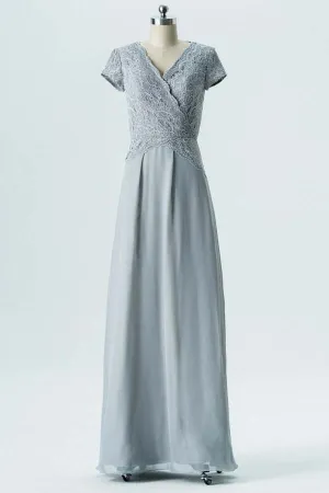 Short Sleeves Grey A-line Lace and Chiffon Long Bridesmaid Dress
