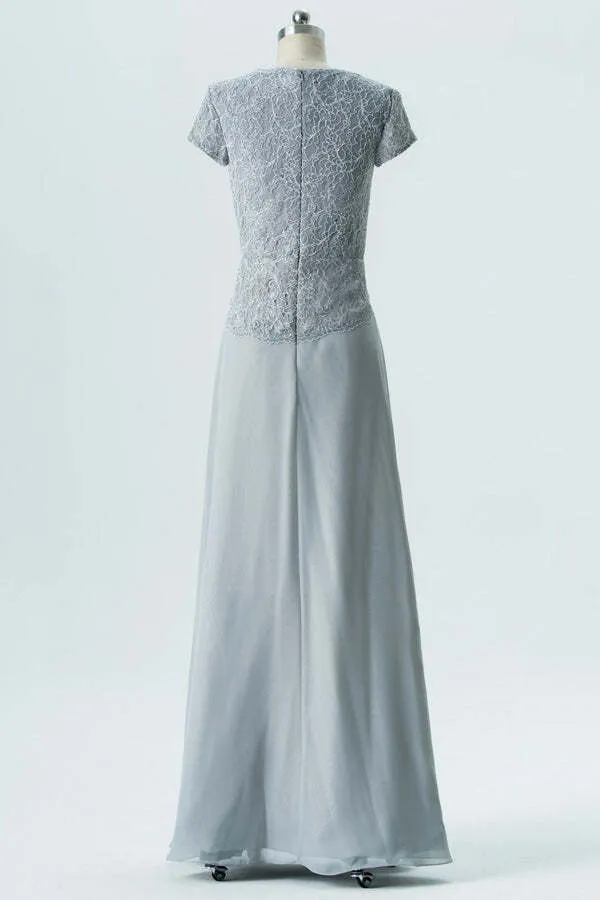 Short Sleeves Grey A-line Lace and Chiffon Long Bridesmaid Dress