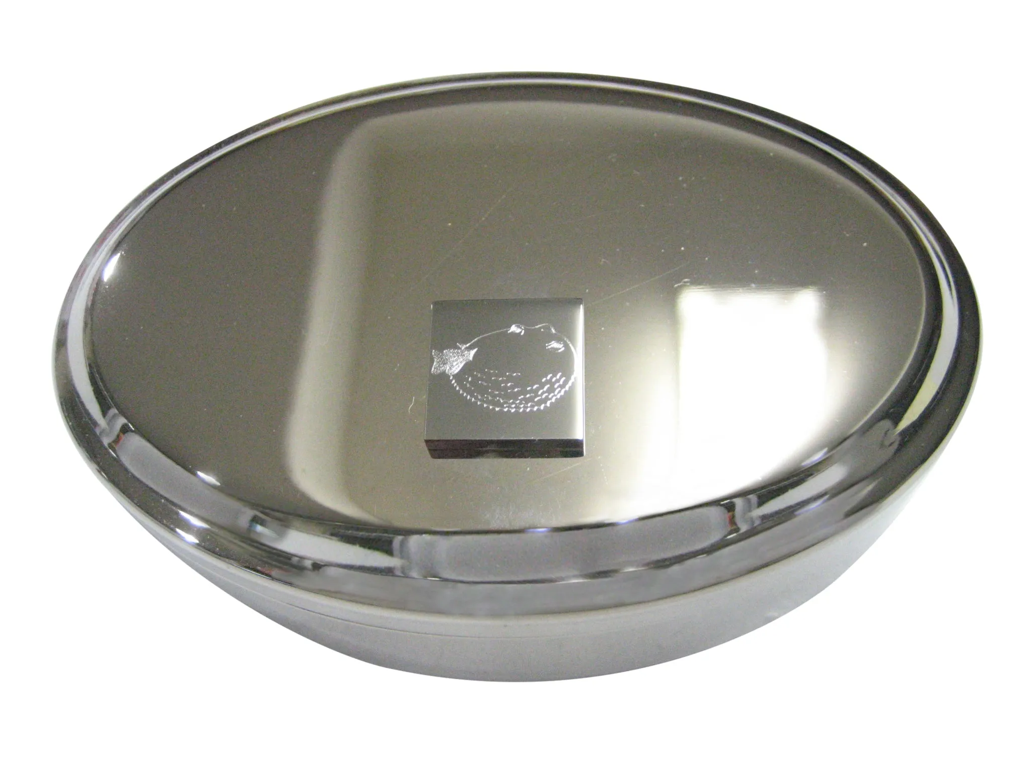 Silver Toned Square Etched Blowfish Fugu Puffer Fish Oval Trinket Jewelry Box