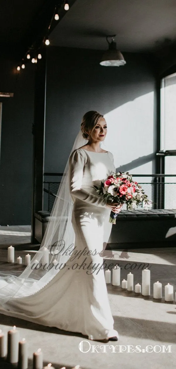 Simple Long Sleeve Backless Long Beach Wedding Dresses, TYP1570