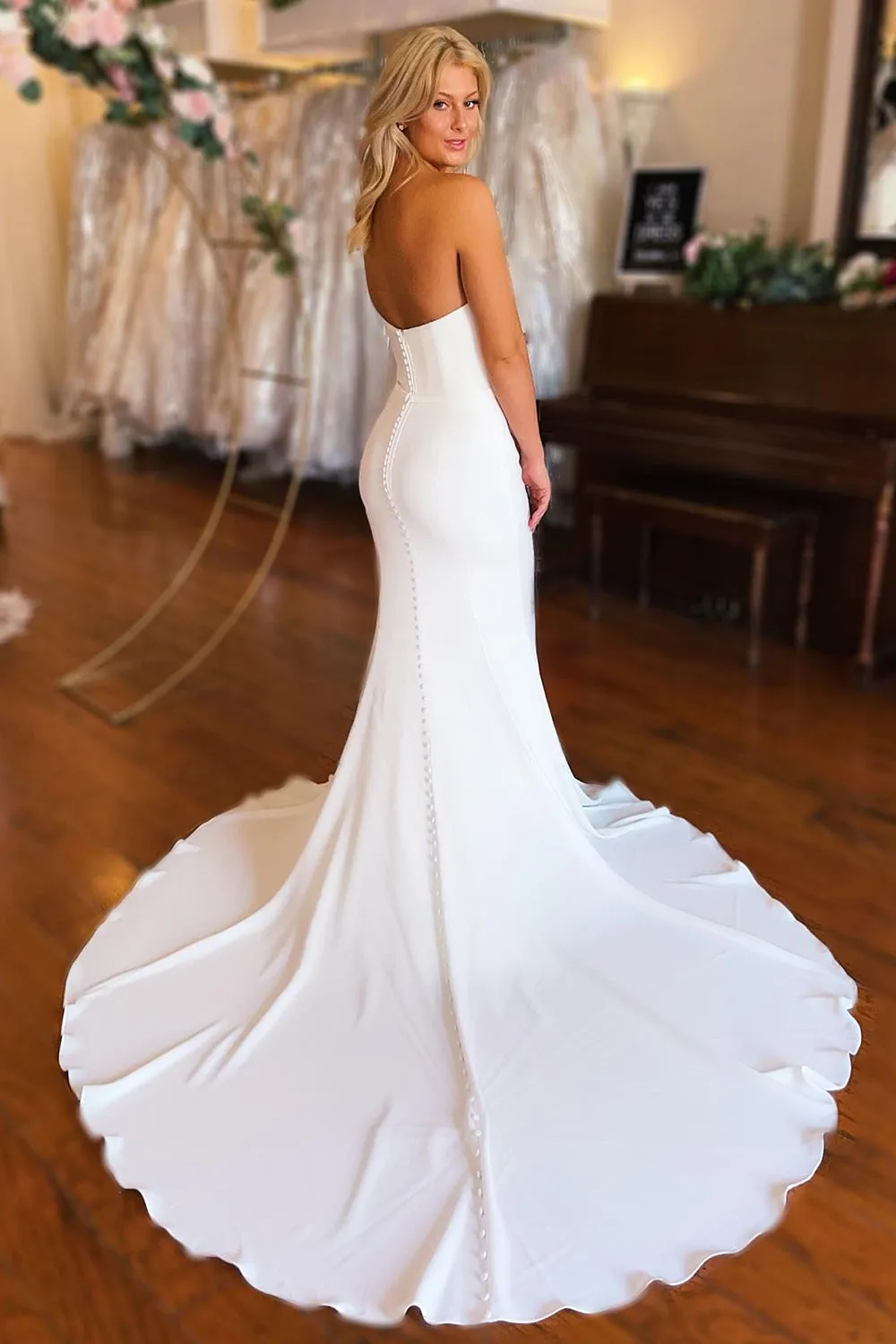 Skyla | Simple White Boho Mermaid Satin  Long Sleeveless Wedding Dress