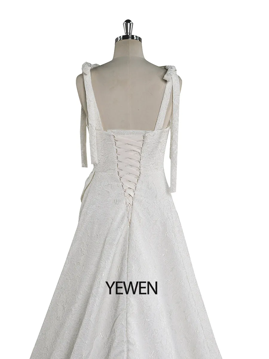 Sleeveless Retro High Quality Elegant Jacquard White Wedding Dress YEWEN YW221112