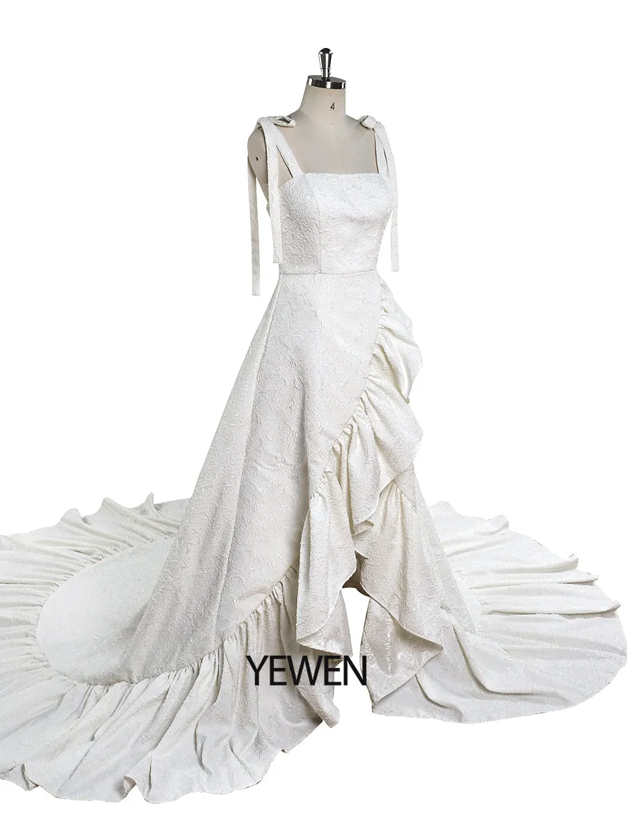 Sleeveless Retro High Quality Elegant Jacquard White Wedding Dress YEWEN YW221112
