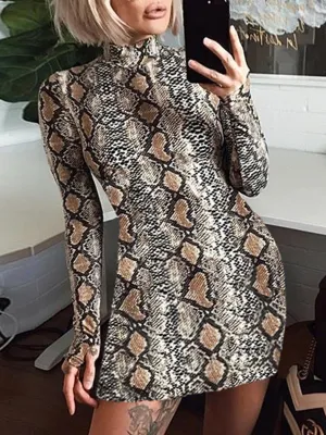 Snake Print Half-high Collar Long-sleeved Package Hip Bottom Dress