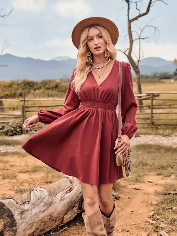 Solid Print Slim Fit Dress with Elastic Waist