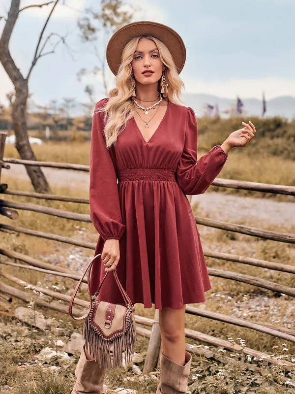 Solid Print Slim Fit Dress with Elastic Waist