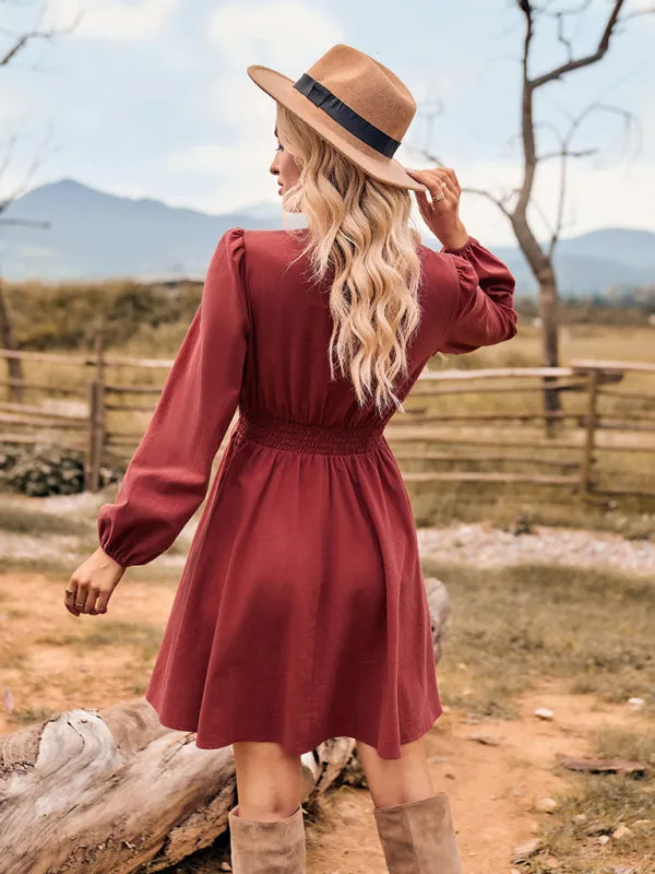 Solid Print Slim Fit Dress with Elastic Waist