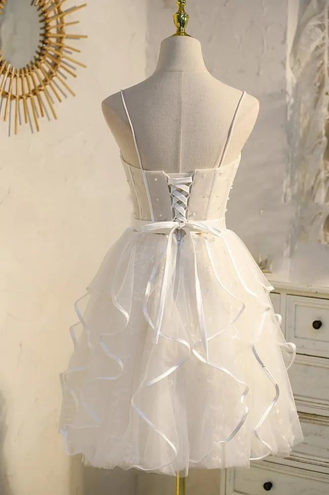 Spaghetti Straps Cream A-line Pearls Short Party Dress