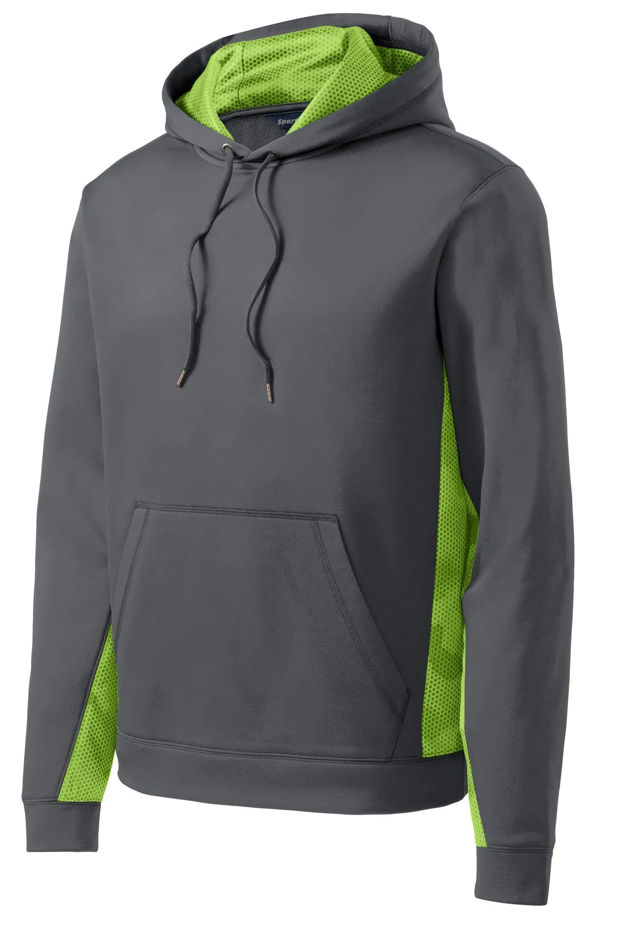 Sport-Tek Sport-Wick CamoHex Fleece Colorblock Hooded Pullover. ST239 Dark Smoke Grey/ Lime Shock