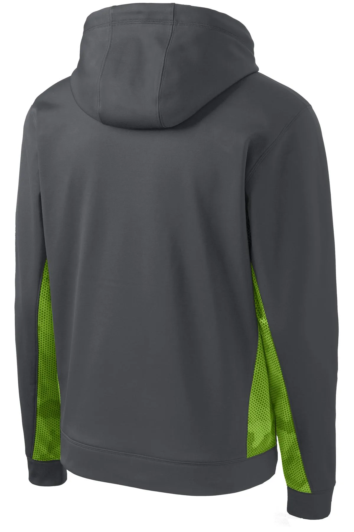 Sport-Tek Sport-Wick CamoHex Fleece Colorblock Hooded Pullover. ST239 Dark Smoke Grey/ Lime Shock