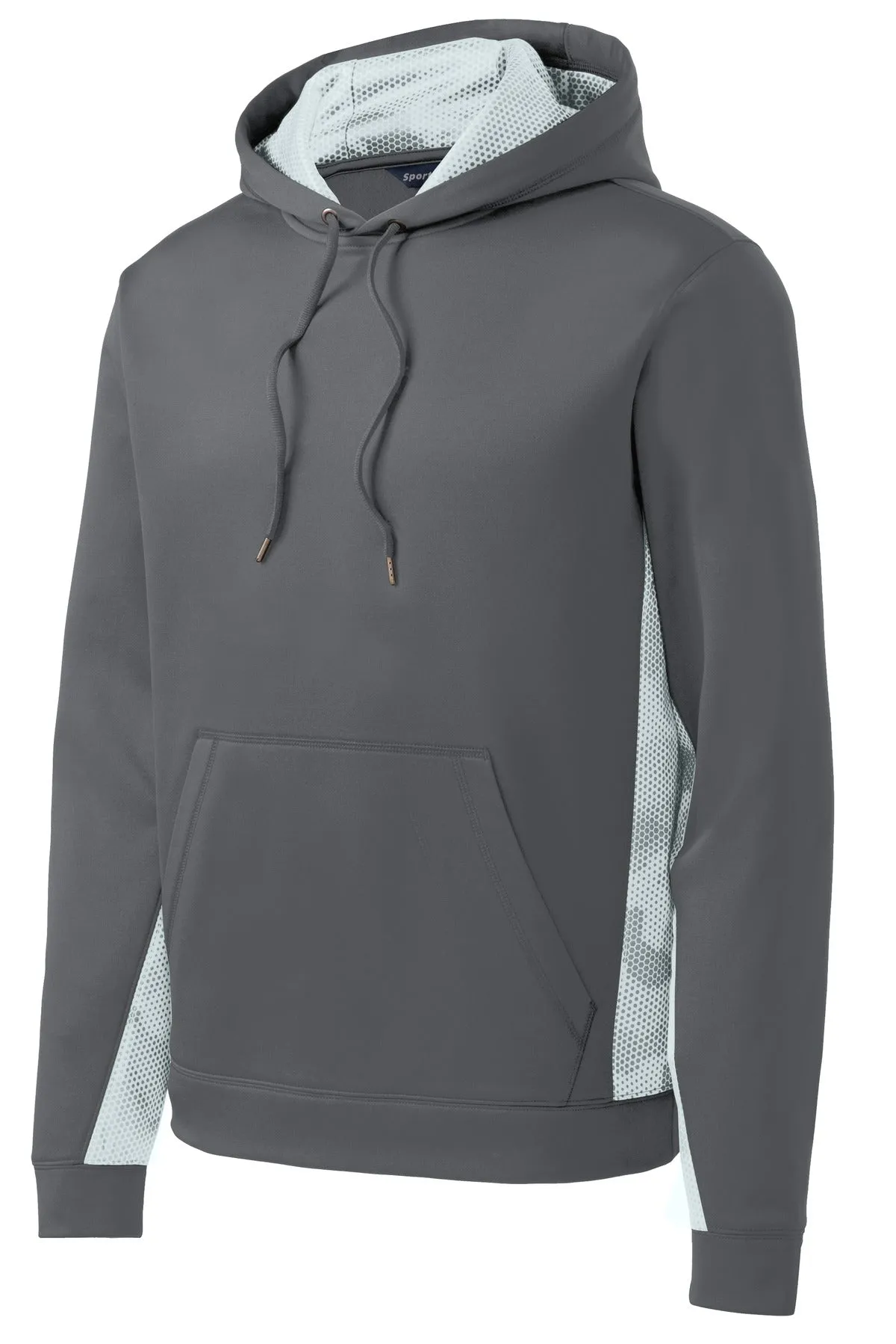 Sport-Tek Sport-Wick CamoHex Fleece Colorblock Hooded Pullover. ST239 Dark Smoke Grey/ White