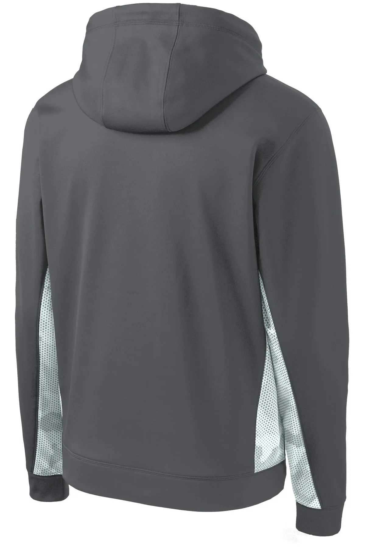 Sport-Tek Sport-Wick CamoHex Fleece Colorblock Hooded Pullover. ST239 Dark Smoke Grey/ White