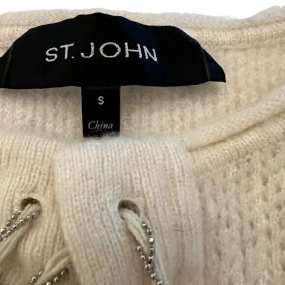 St. John Ivory Cashmere Silk Sweater Drawstring Neck Metal/Fabric‎ Size Small
