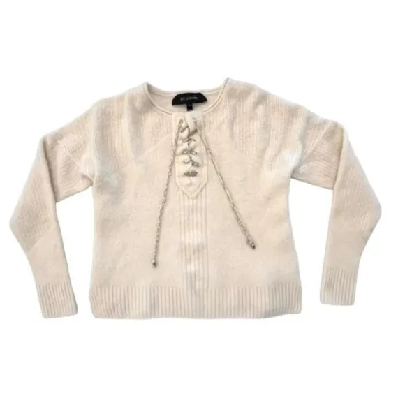 St. John Ivory Cashmere Silk Sweater Drawstring Neck Metal/Fabric‎ Size Small