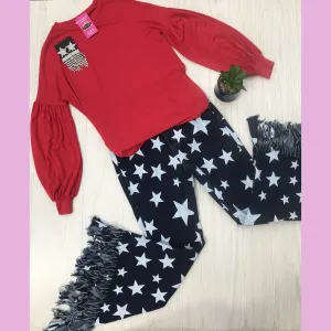 Star print asymmetrical fringe hem jeans