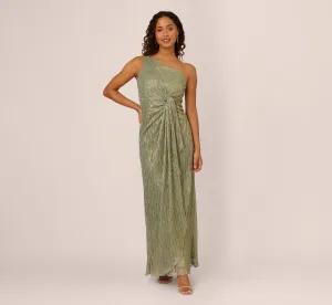 Stardust Pleated Draped One Shoulder Gown In Green Slate