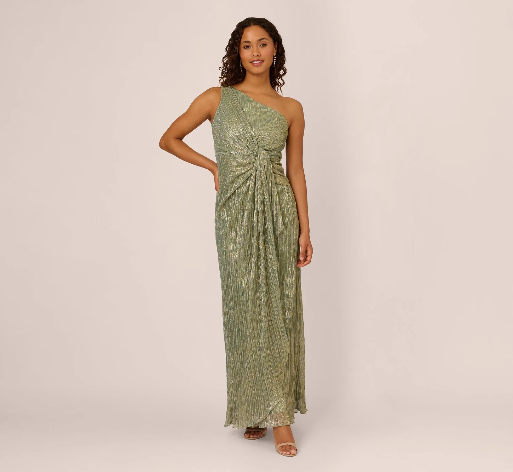 Stardust Pleated Draped One Shoulder Gown In Green Slate