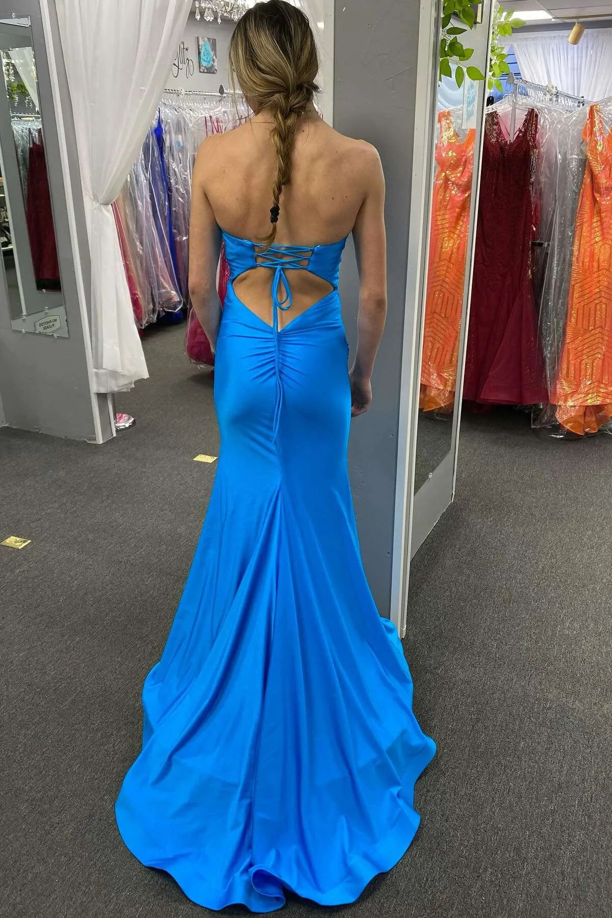 Strapless Blue Fitted Long Party Dress