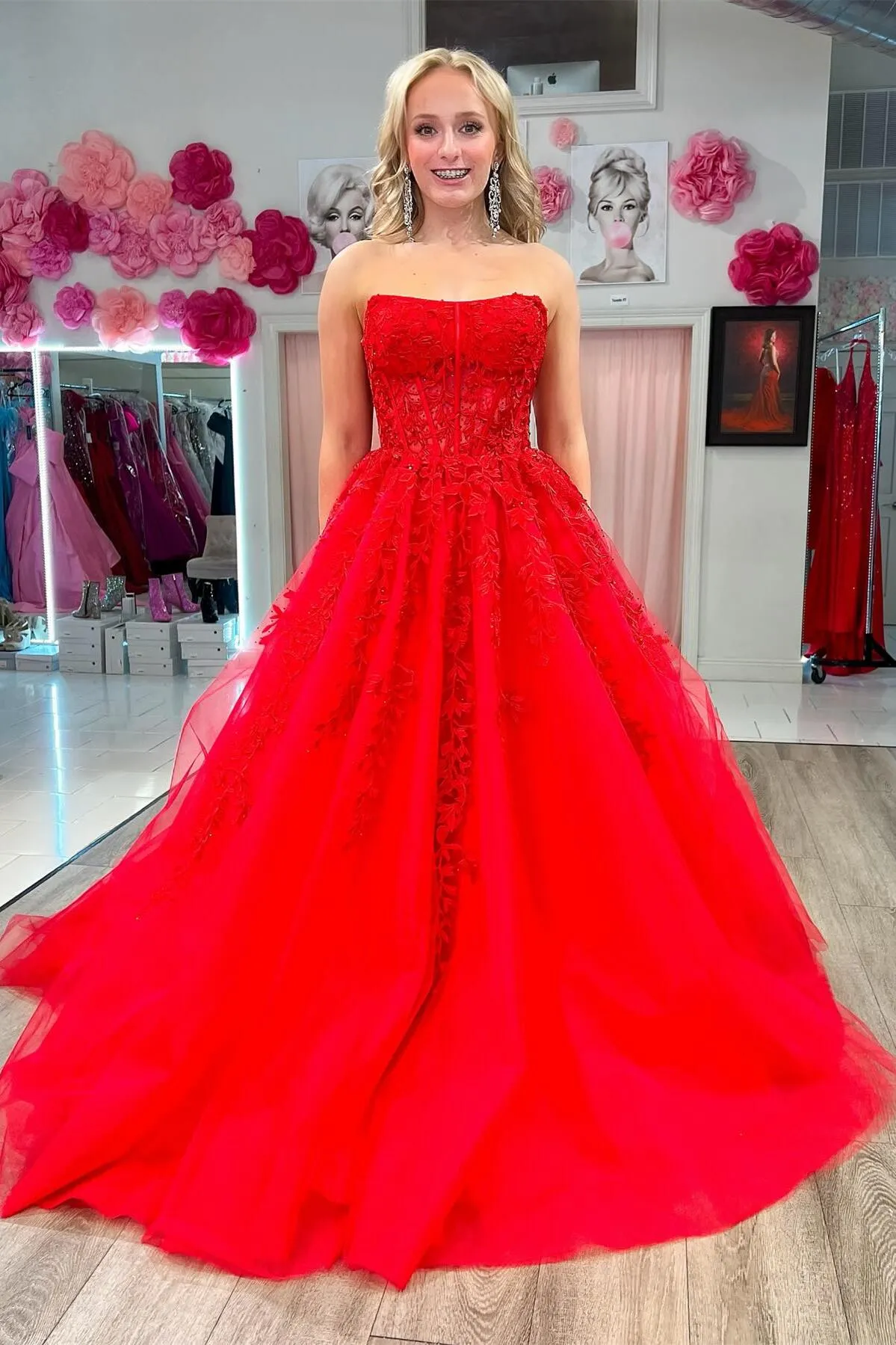 Strapless Light Blue Lace Appliques Long Formal Dress