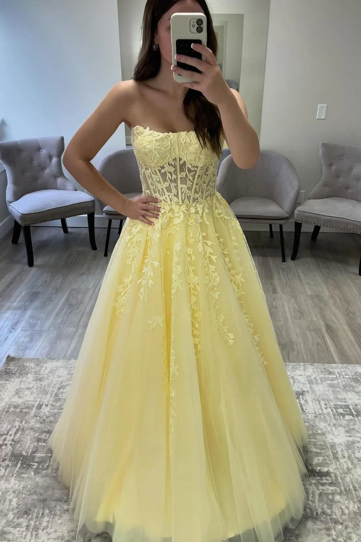 Strapless Light Blue Lace Appliques Long Formal Dress
