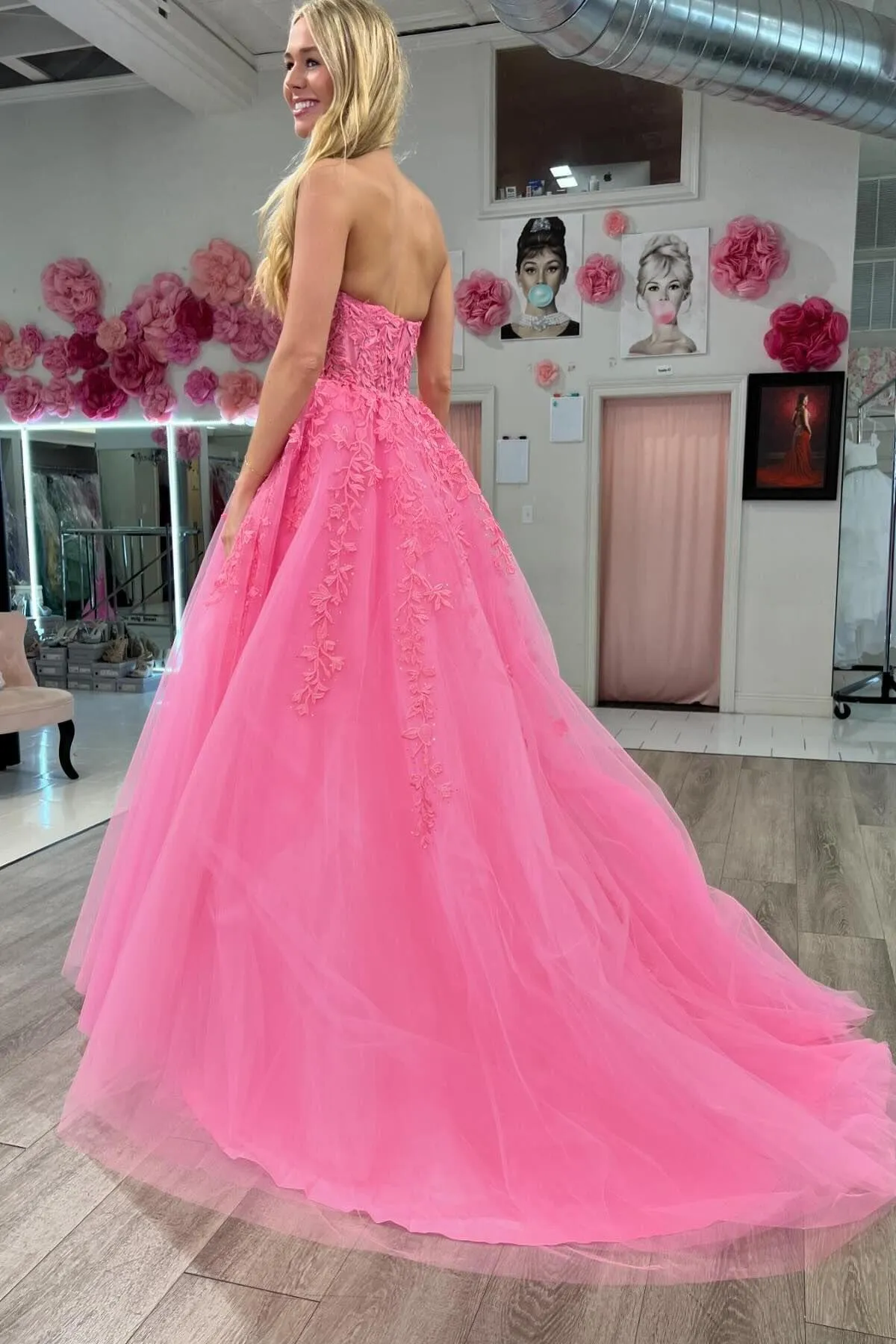 Strapless Light Blue Lace Appliques Long Formal Dress