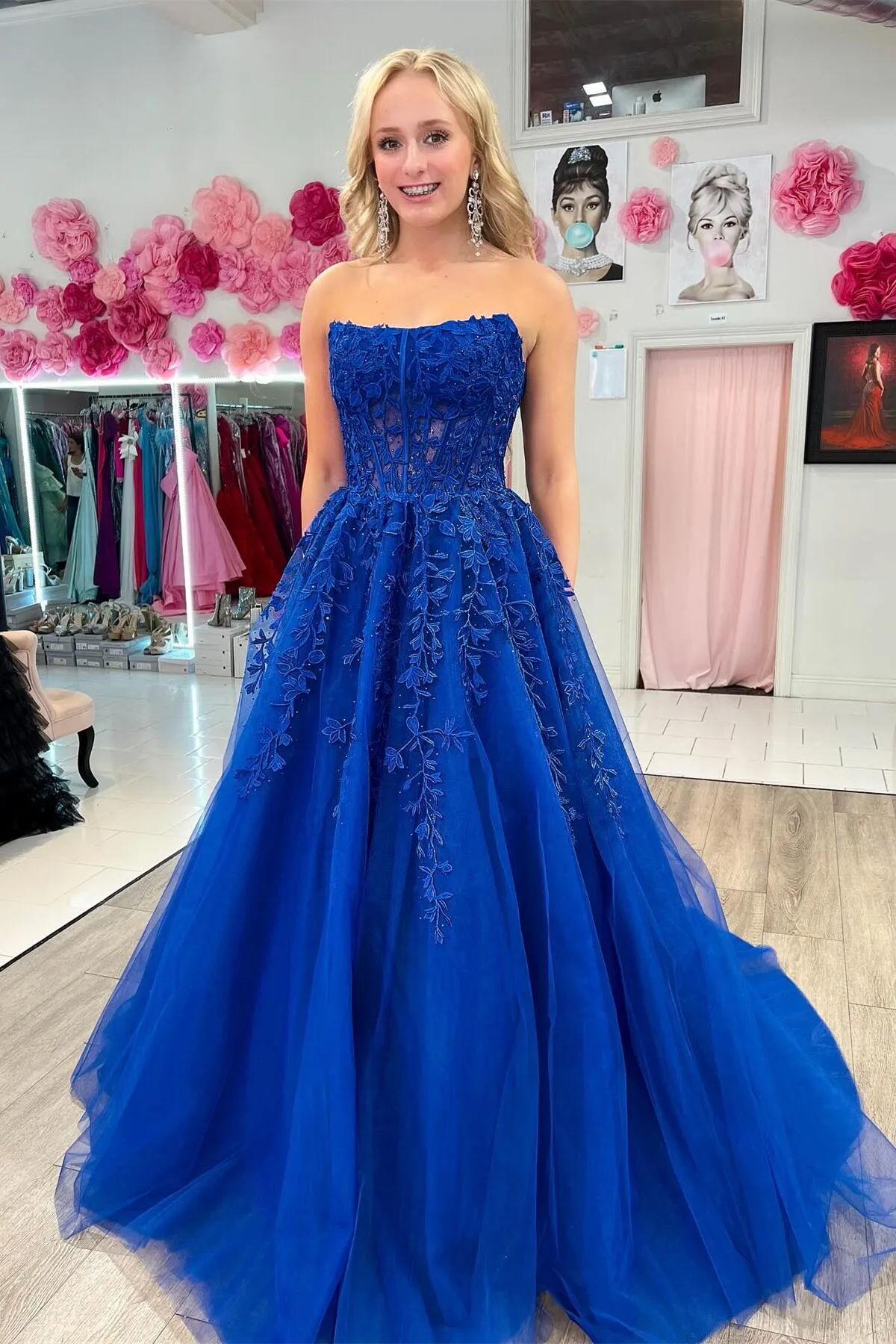 Strapless Light Blue Lace Appliques Long Formal Dress