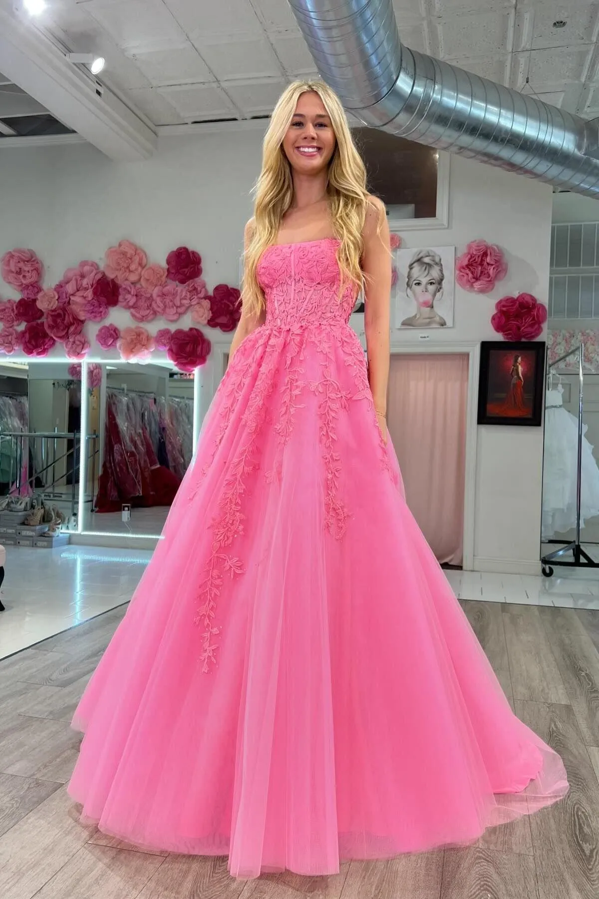 Strapless Light Blue Lace Appliques Long Formal Dress